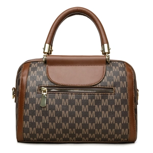 Classic Boston handbag with brown M-letter monogram and golden hardware on white background
