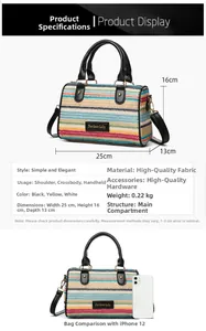 Size comparison and specifications of rainbow striped woven bag with metal logo