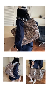 Detail view of large leopard print tote bag with waterproof TPU finish and EBAG lettering