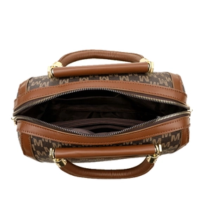 Brown monogram Boston handbag for women with spacious interior and gold hardware