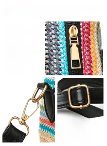 Detailed close-up of woven straw texture and high-quality metal hardware on beach bag