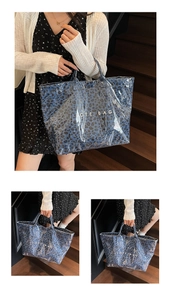 Close-up of blue leopard print tote bag with transparent PVC shell and dual handles