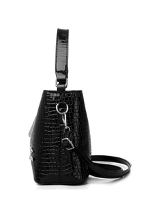 Close-up of black glossy crocodile-embossed bucket bag showing silver metal side hooks