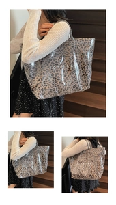 Detail view of large leopard print tote bag shown from multiple lifestyle angles