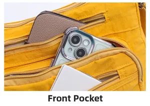 Macro view of bright yellow crossbody bag showing multi-zipper front pocket storage capacity