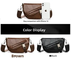 Size comparison of retro patchwork leather saddle bag next to a smartphone