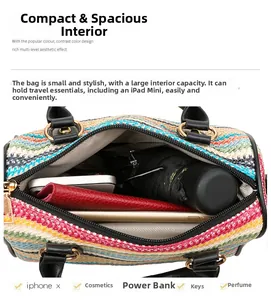 Top view of colorful woven beach bag interior showing large capacity for iPad and umbrella