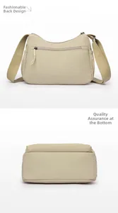 Detailed back and bottom view of beige nylon crossbody bag with zipper pocket and wide base