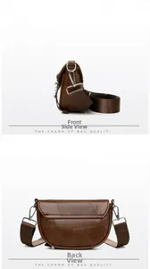Front and back detail views of a dark brown leather saddle bag with wide shoulder strap
