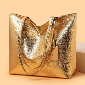 Dames Mode Krokodillenpatroon Grote Capaciteit Tote Tas PU Leer Woon-werkverkeer Schoudertas Met Metalen Label Goud Zilver Zwart