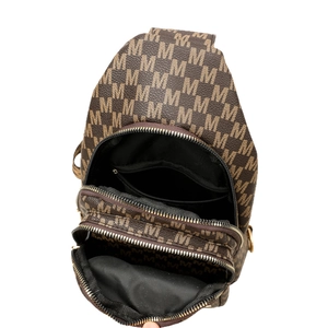 Brown monogram chest bag with double zippers and spacious internal compartments