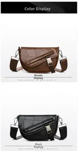 Detail of brown and black saddle shoulder bags with contrast stitching and wide straps