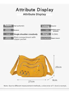 Detailed technical diagram of yellow nylon crossbody bag showing size 27x20x8cm and components