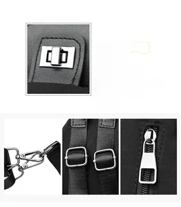 Close-up of black nylon bag detailing silver metal twist lock and durable zippers