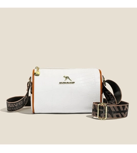 Macro view of white croc-embossed boston bag with kangaroo logo and fabric strap