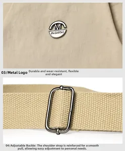 Detailed view of khaki nylon bag with silver metal logo and adjustable woven strap