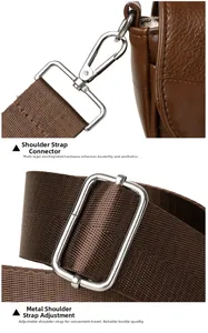 Detail of adjustable nylon strap with silver metal hardware and brown pebbled leather