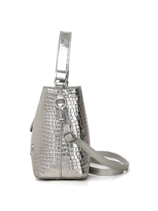 Detail view of silver bucket bag with crocodile embossing and sturdy metal hardware