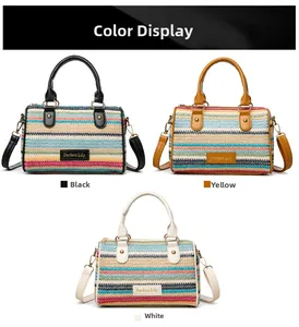 Close-up of three striped woven bucket bags with leather handles and logo tags