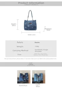 Size chart for denim tote bag showing 33x28x10cm dimensions and blue color options