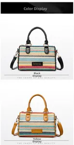 Detail of colorful woven straw bags with black and yellow leather handles and gold accents