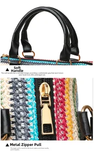 Detail of soft black leather handle and smooth golden zipper on colorful woven bag