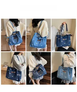Denim tote bag with white bow pattern and leather logo shown from multiple lifestyle angles