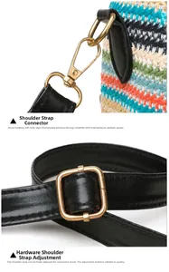 Close-up of adjustable black leather strap with gold electroplated metal buckles and hardware