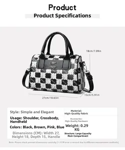Detailed view of checkered tote bag dimensions 27x18x15cm with detachable shoulder strap