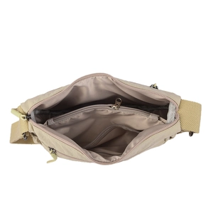 Spacious beige nylon crossbody bag featuring multi-layer compartments and zip pockets