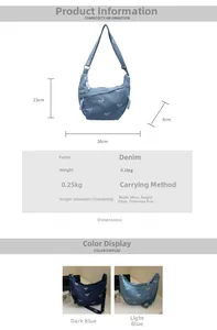 Maßangaben der Denim-Schultertasche 38x23x8cm mit weißem Schleifendruck und Details