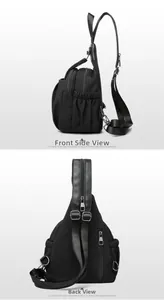 Detail view of black nylon sling bag showing multiple zippers and adjustable straps