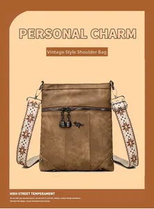 Close-up of vintage brown PU leather bag featuring kangaroo logo and embroidered strap