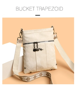 Detail of off-white trapezoid bag with kangaroo pendant and jacquard strap