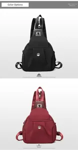 Front view of black and burgundy multi-functional crossbody chest bags with metal logo