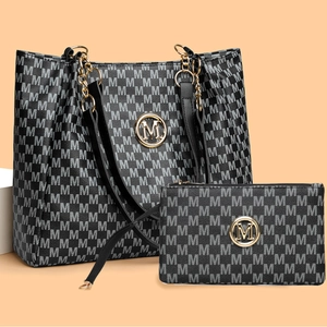 Ensemble sac cabas et pochette imprimé M avec bandoulière chaîne et logo doré