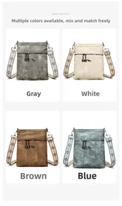 Detailed grid view of PU leather crossbody bags with colorful ethnic style shoulder straps