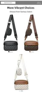 Detailansicht der Umhängetaschen in Schwarz, Braun und Beige mit Monogramm und breitem Gurt