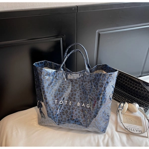 Detail of blue leopard print tote bag with waterproof clear layer and white text