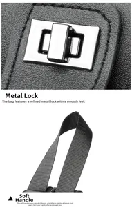 Detail of silver twist lock and smooth webbing handle on black crossbody travel bag