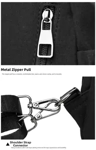 Detail of silver-plated metal zipper and spring snap hook on a black nylon backpack