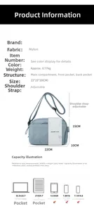 Detailed dimensions of blue nylon crossbody bag 22x15x10cm with capacity comparison