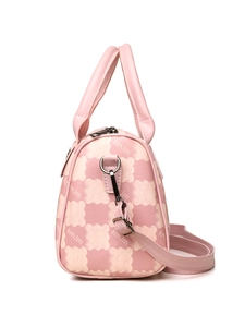 Detail of pink and beige Boston bag featuring bear silhouette patterns and dual handles