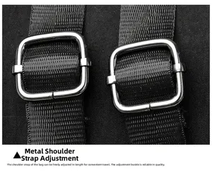 Detail of adjustable silver metal buckles on durable black woven nylon shoulder straps