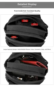 Detail view of multi-pocket black nylon crossbody bag with large storage capacity