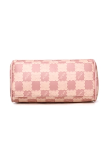 Detail of pink plaid cylinder tote bag with kmjm lettering and reinforced stitching