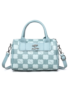 Detail of light blue Boston tote with cloud pattern, kangaroo logo, and crossbody strap