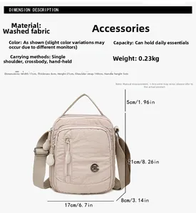Detailed size chart for the nylon crossbody bag with dimensions 17x8x21cm and specs