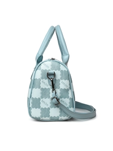 Side view of light blue checkered canvas tote bag with adjustable shoulder strap and handles