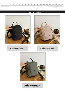 Detailed comparison of multi-pocket nylon crossbody bags in black, khaki, and green colors